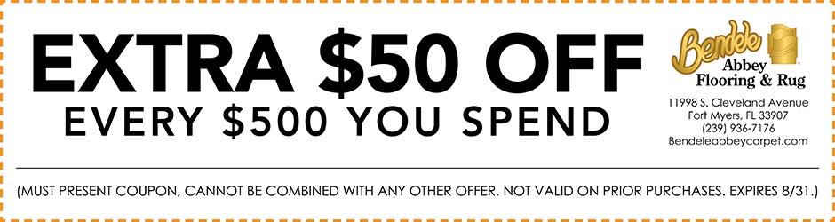 Take an extra $50 off for every $500 you spend at Bendele Abbey Flooring & Rug