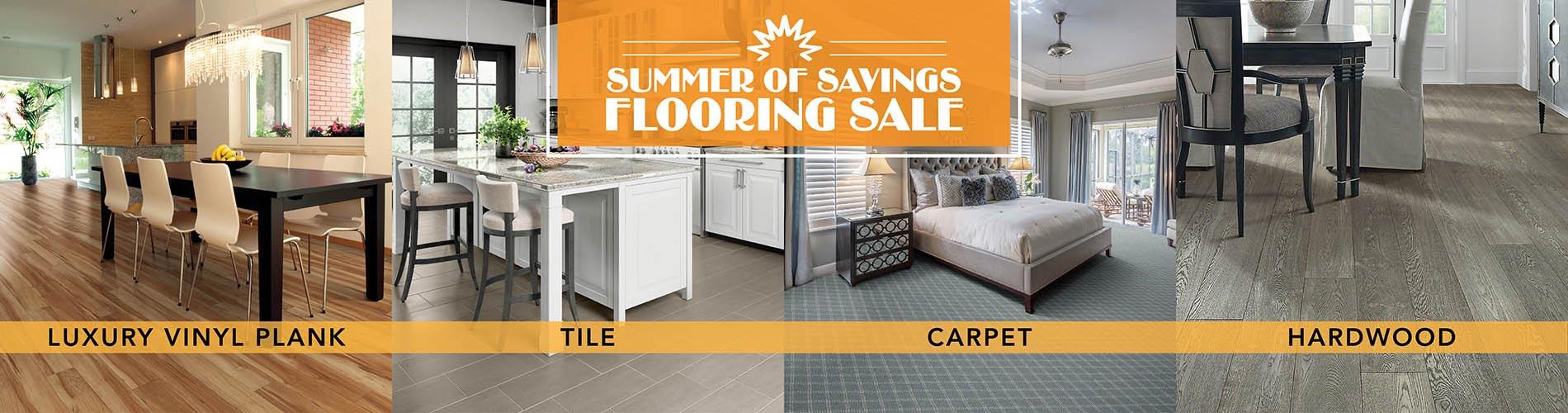 Summer of Savings Flooring Sale. Luxury vinyl plank, tile, carpet, hardwood