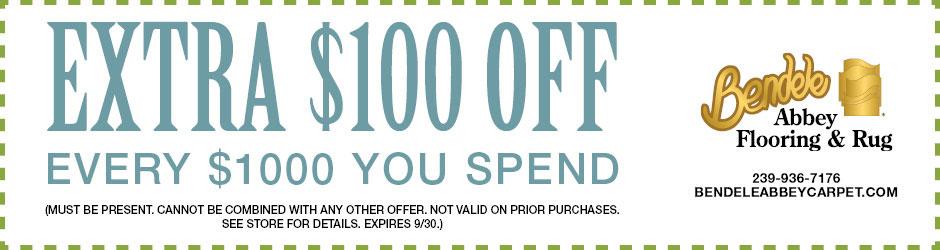 $100 off every $1000 you spend - must be present, cannot be combined with any other offer, not valid on prior purchases. See store for details. Expires 9/30)